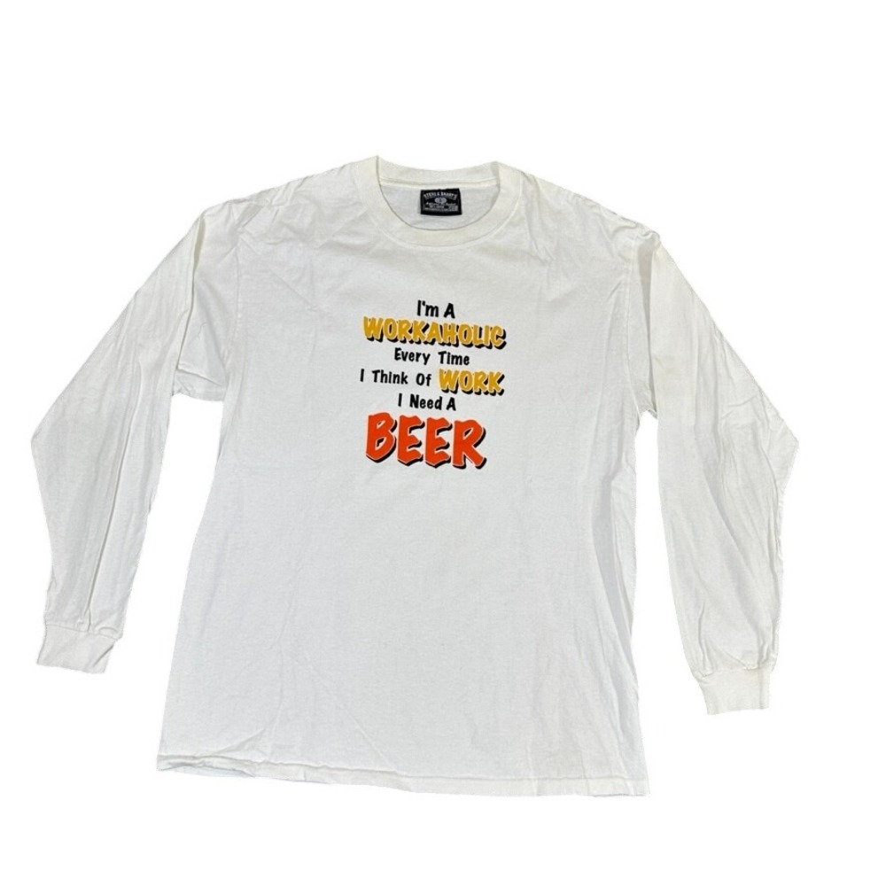 Steve & Barrys Mens Workaholic Beer Graphic Long Sleeve T-Shirt White Large